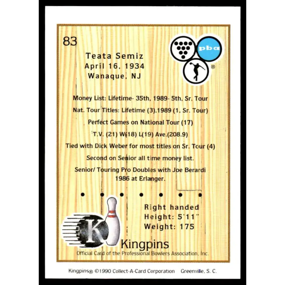 1990 Kingpins #83 Teata Semiz NM-MT PBA Bowling Card - Other