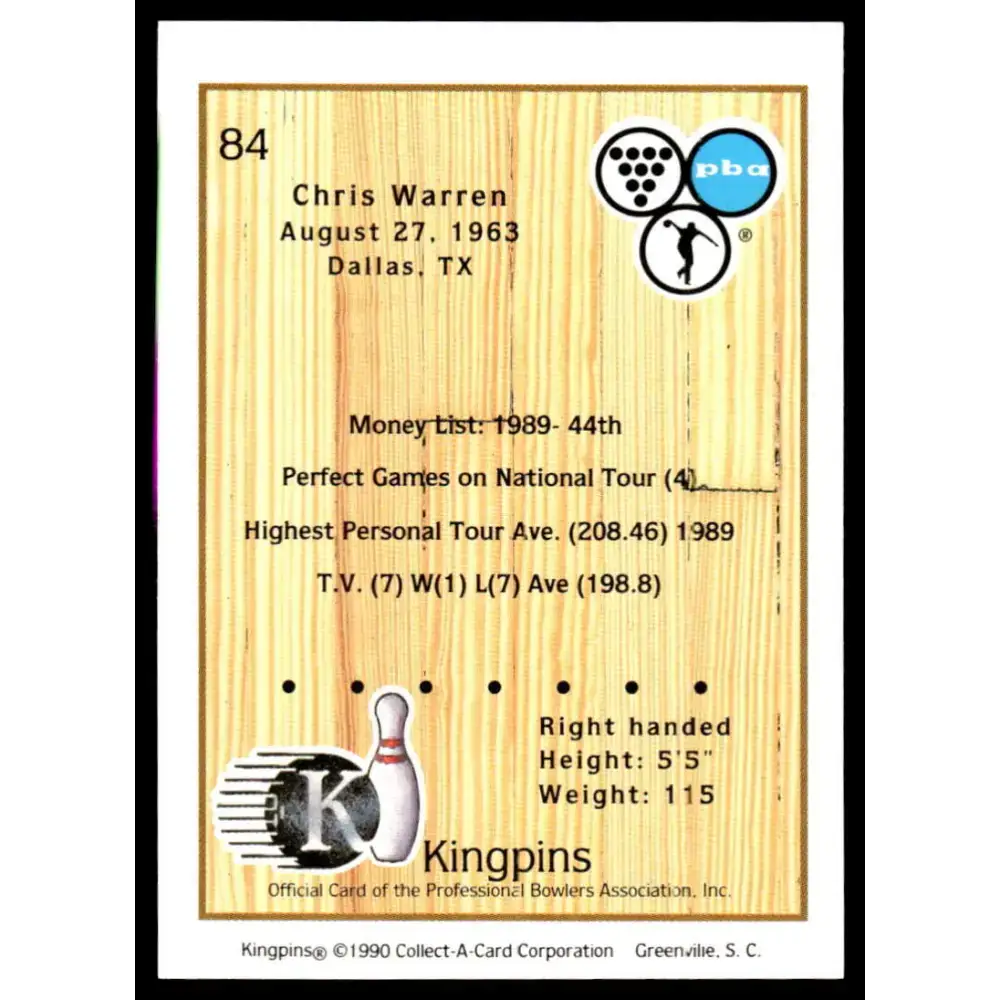 1990 Kingpins #84 Chris Warren NM-MT PBA Bowling Card - Other
