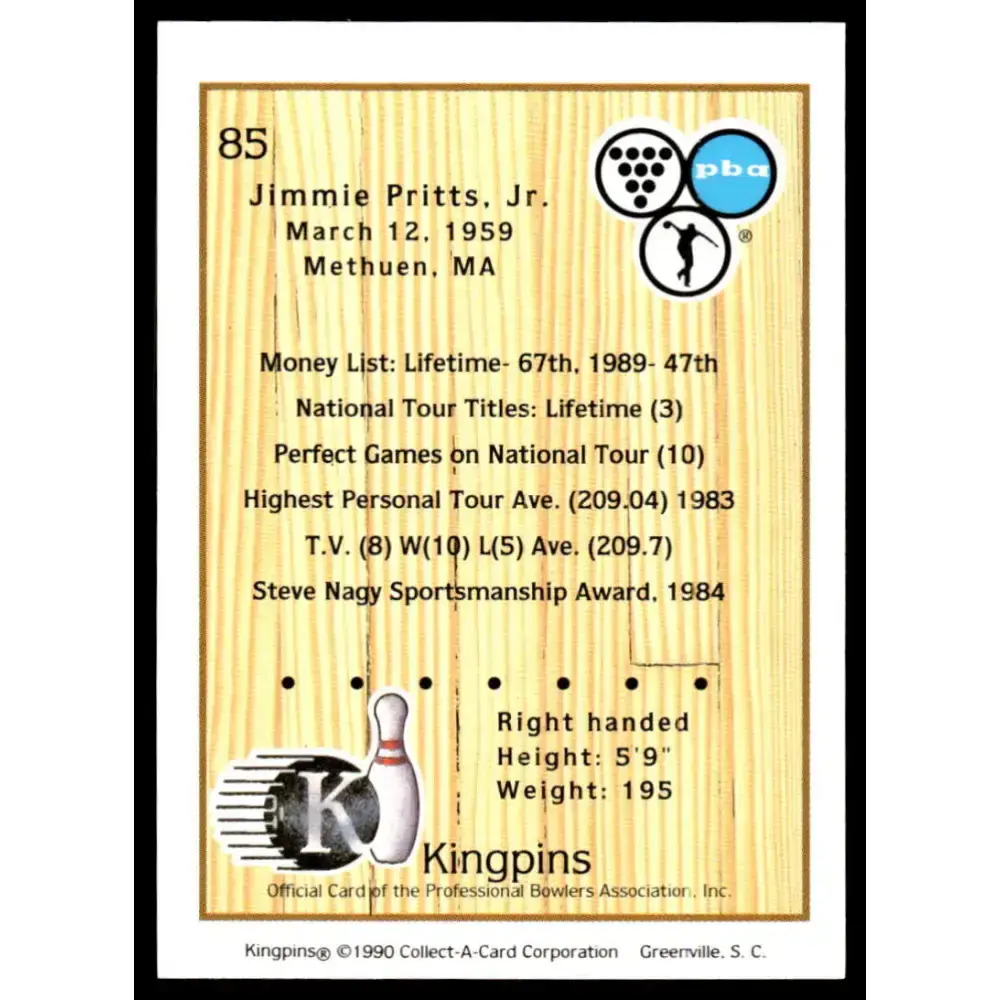 1990 Kingpins #85 Jimmie Pritts Jr. NM-MT PBA Bowling Card - Bowling Card Single