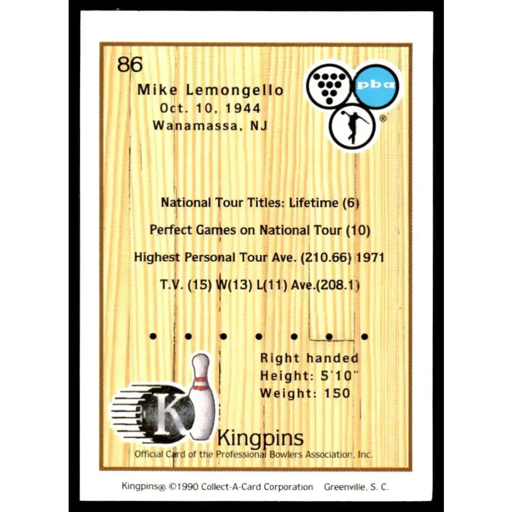 1990 Kingpins #86 Mike Lemongello NM-MT PBA Bowling Card - Other