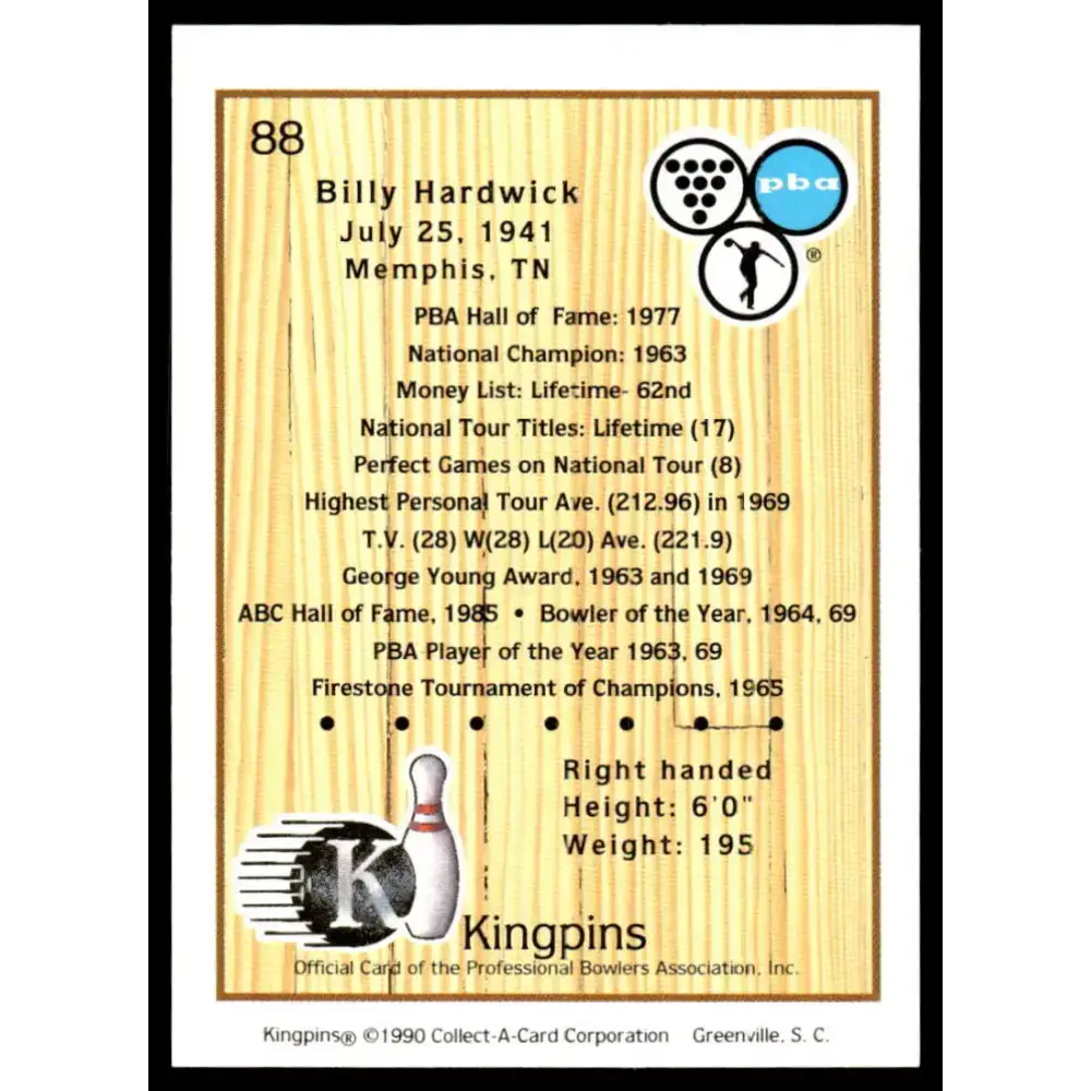 1990 Kingpins #88 Billy Hardwick NM-MT PBA Bowling Card - Other