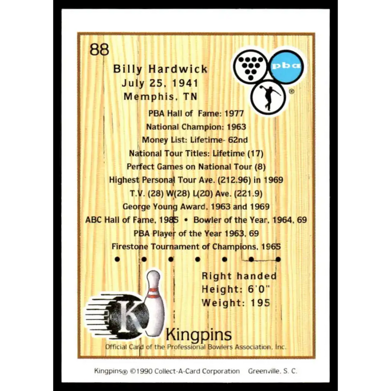 1990 Kingpins #88 Billy Hardwick NM-MT PBA Bowling Card - Other