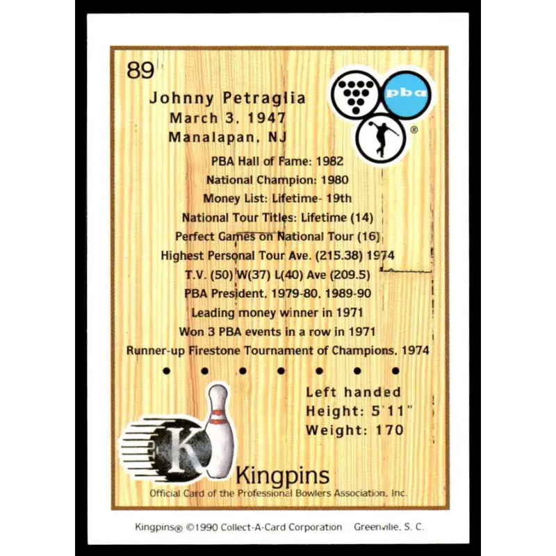 1990 Kingpins #89 Johnny Petraglia NM-MT PBA Bowling Card - Other