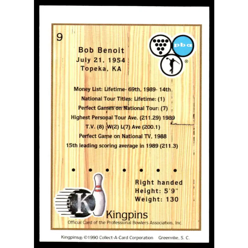 1990 Kingpins #9 Bob Benoit NM-MT PBA Bowling Card - Other