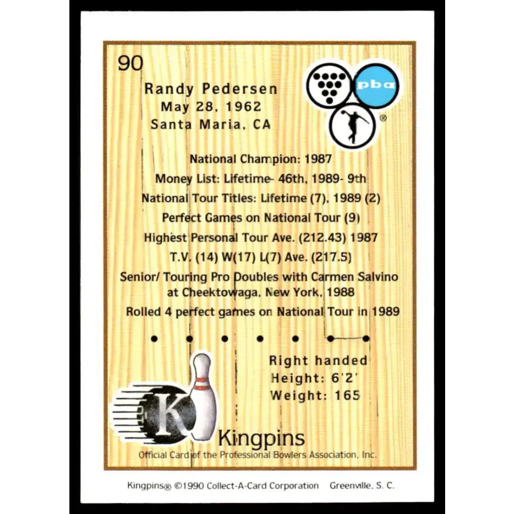 1990 Kingpins #90 Randy Pedersen NM-MT PBA Bowling Card - Other