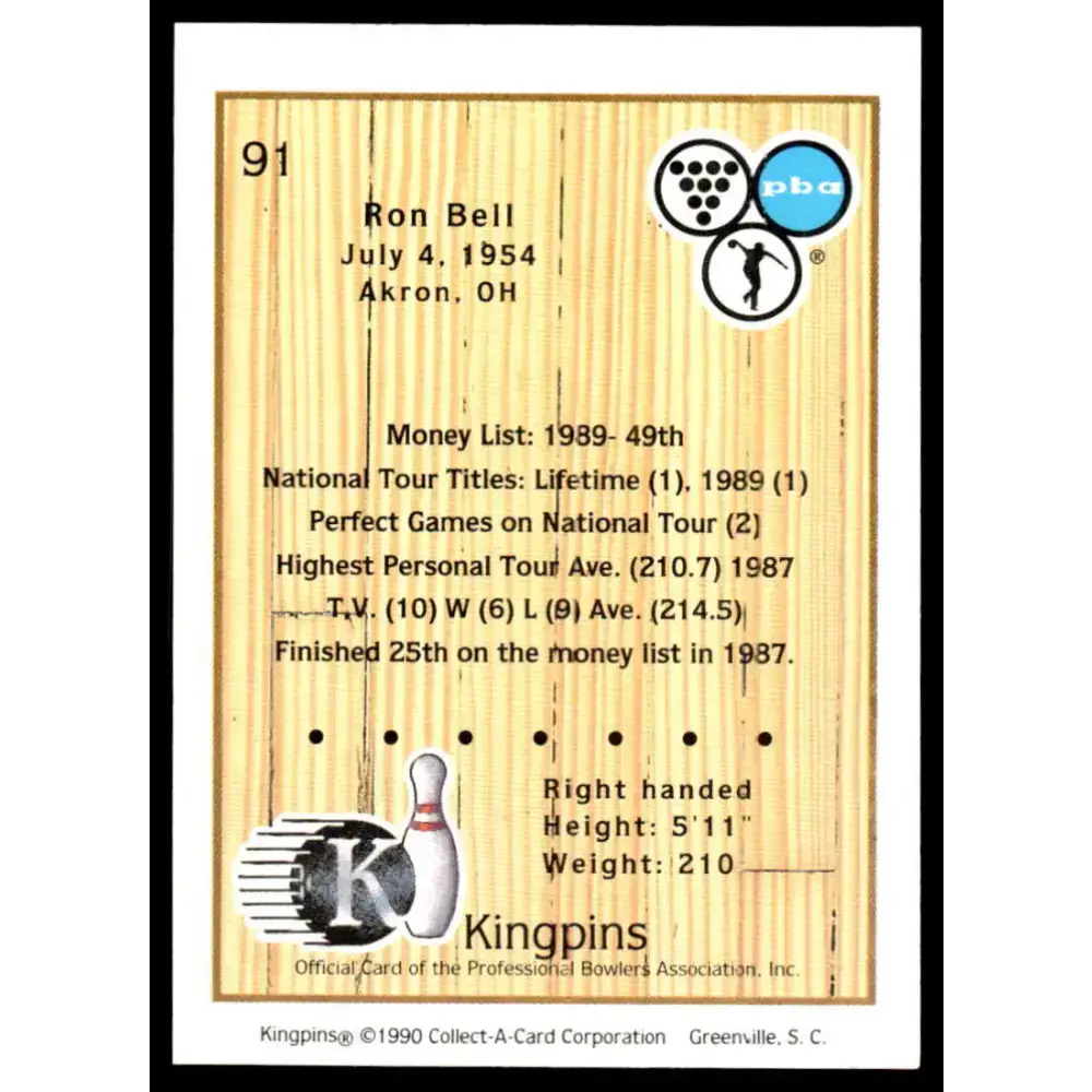 1990 Kingpins #91 Ron Bell NM-MT PBA Bowling Card - Other