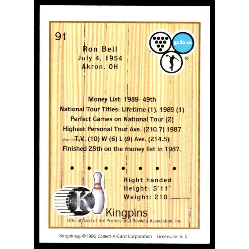 1990 Kingpins #91 Ron Bell NM-MT PBA Bowling Card - Other