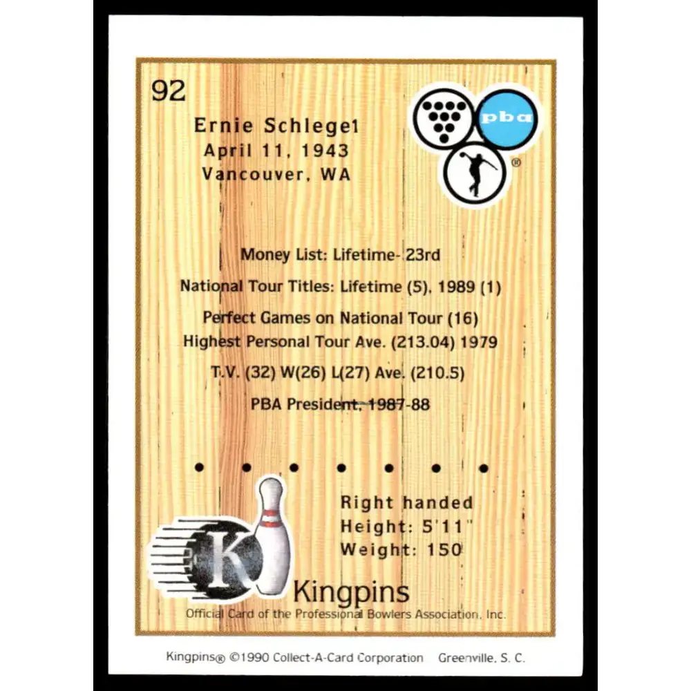 1990 Kingpins #92 Ernie Schlegel NM-MT PBA Bowling Card - Other