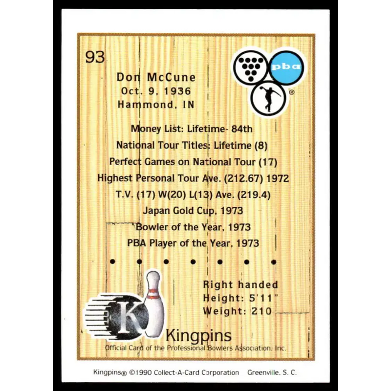 1990 Kingpins #93 Don McCune NM-MT PBA Bowling Card - Other
