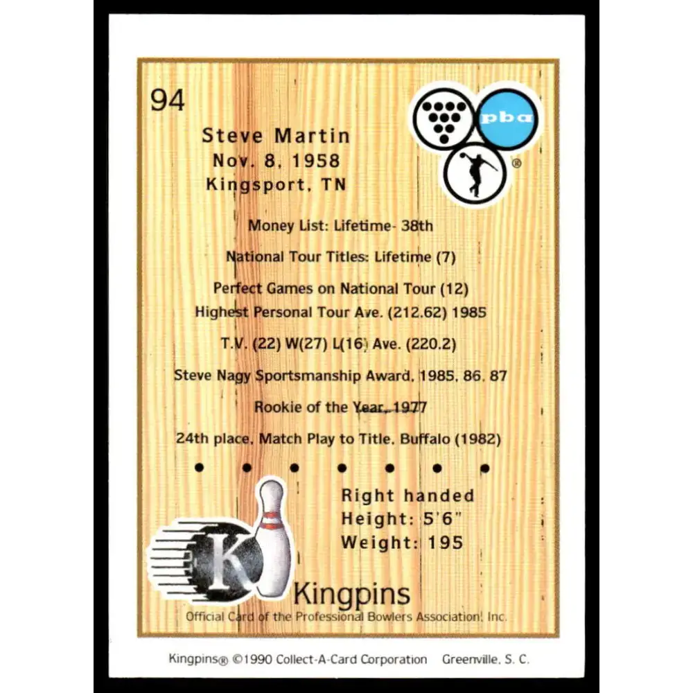 1990 Kingpins #94 Steve Martin NM-MT PBA Bowling Card - Other