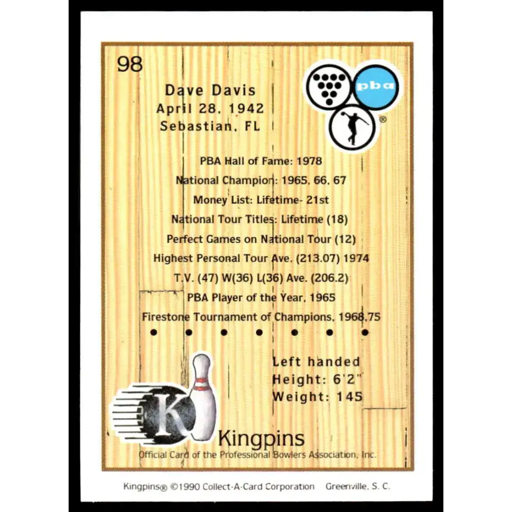 1990 Kingpins #98 Dave Davis NM-MT PBA Bowling Card - Other