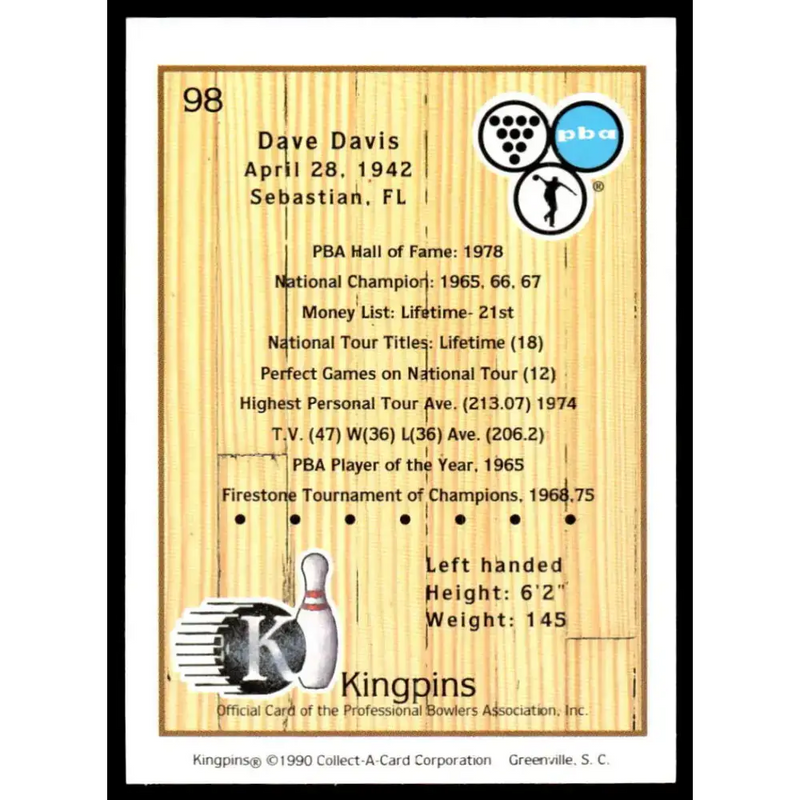 1990 Kingpins #98 Dave Davis NM-MT PBA Bowling Card - Other