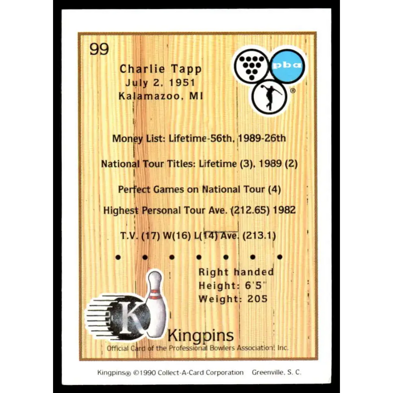 1990 Kingpins #99 Charlie Tapp NM-MT PBA Bowling Card - Other