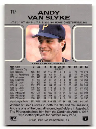Andy Van Slyke baseball card from 1990 Leaf Pirates series, EX/NM condition