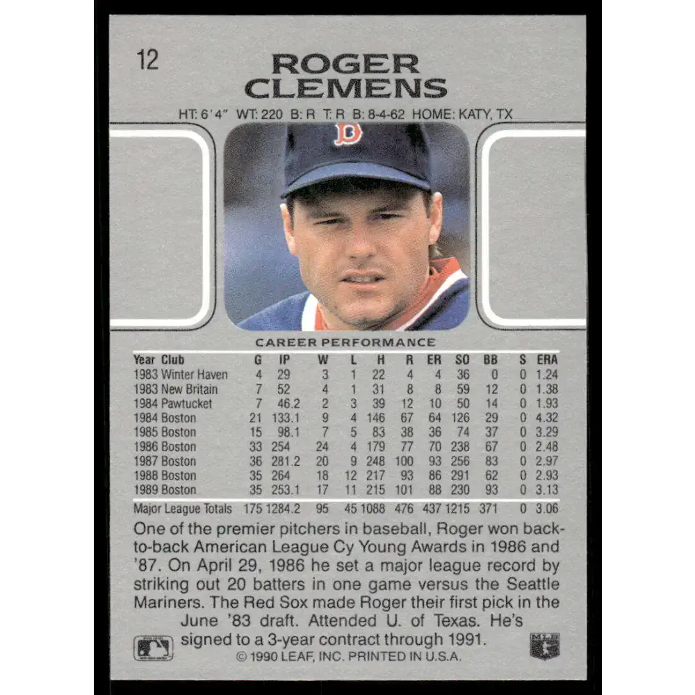1990 Leaf #12 Roger Clemens EX/NM Boston Red Sox Baseball Card - Baseball Card Single