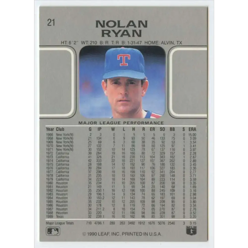 1990 Leaf #21 Nolan Ryan NM-MT Texas Rangers Baseball Card - Baseball Card Single