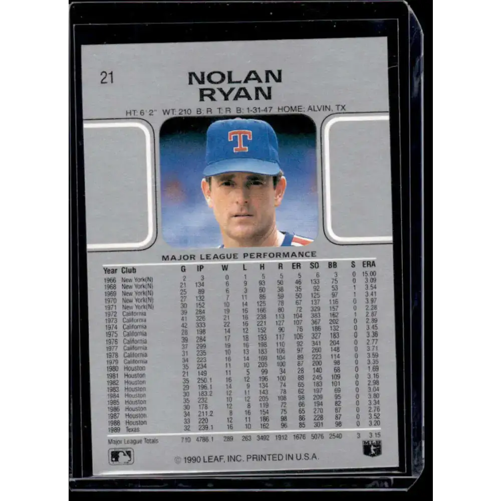 1990 Leaf #21 Nolan Ryan Texas Rangers NM-MT Baseball Card - Baseball Card Single