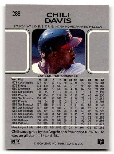 Chili Davis California baseball card from 1990 Leaf #288 featuring Davis California Angels