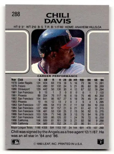 Chili Davis California baseball card from 1990 Leaf set featuring Davis California Angels
