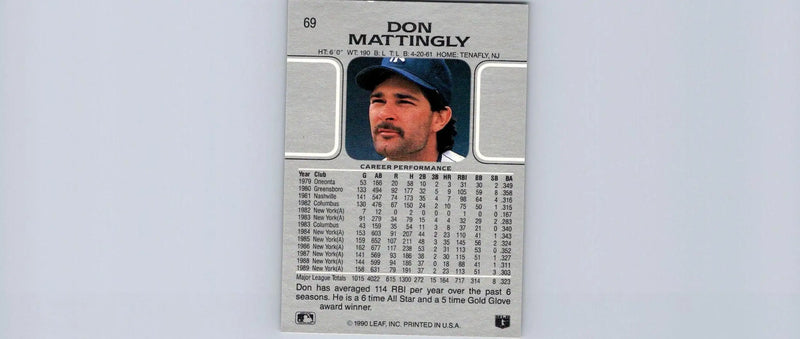 1990 Leaf #69 Don Mattingly baseball card showcasing the iconic player for collectors