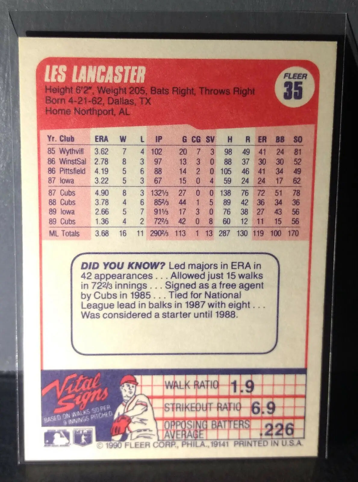 1990 Les Lancaster Fleer Baseball Card #35 - Baseball Card Single
