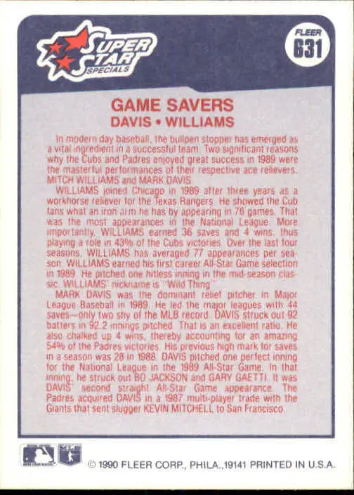 1990 Mark Davis / Mitch Williams Fleer Baseball Card #631
