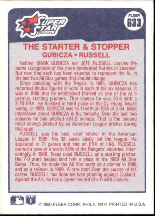 1990 Mark Gubicza / Jeff Russell Fleer Baseball Card #633 - Baseball Card Single