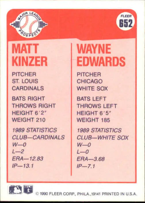 1990 Matt Kinzer / Wayne Edwards Fleer Baseball Card #652
