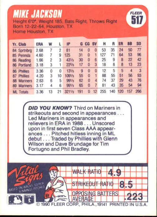 1990 Mike Jackson Fleer Baseball Card #517 - Baseball Card Single