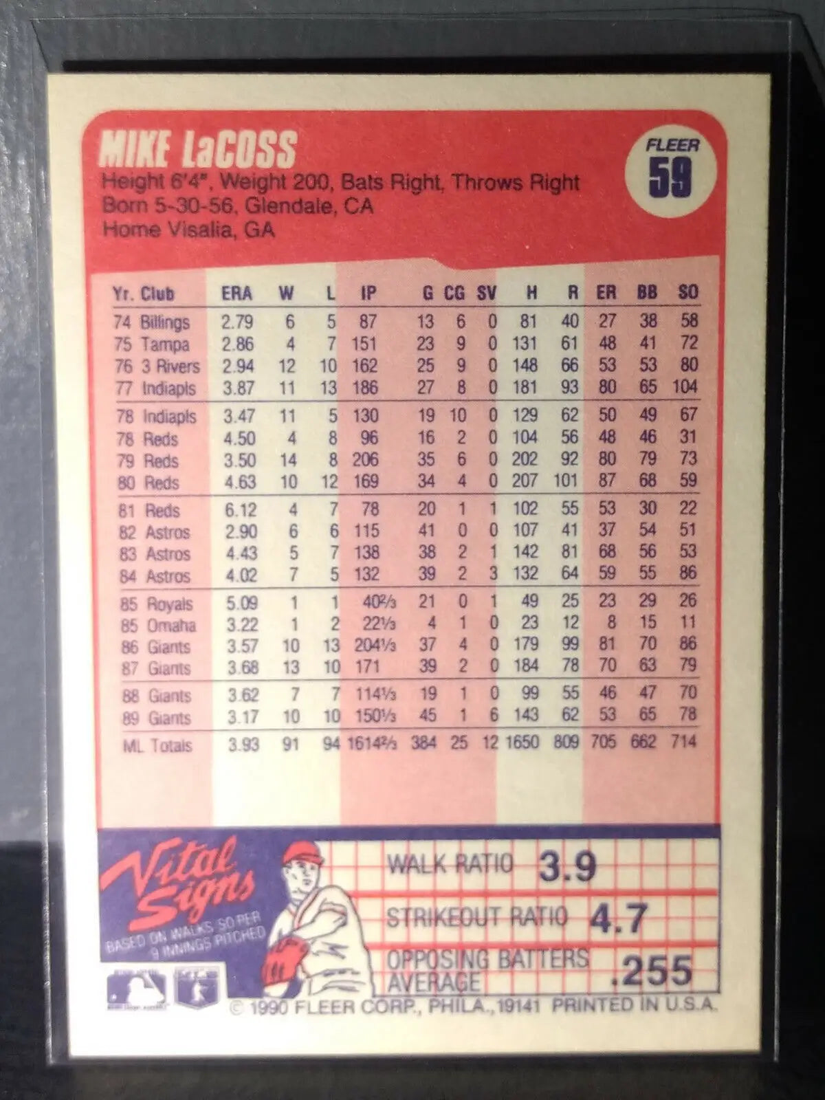 1990 Mike LaCoss Fleer Baseball Card #59