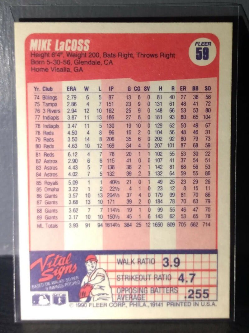1990 Mike LaCoss Fleer Baseball Card #59