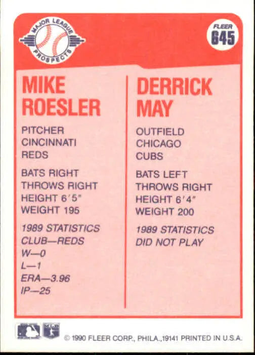 1990 Mike Roesler / Derrick May Fleer Baseball Card #645