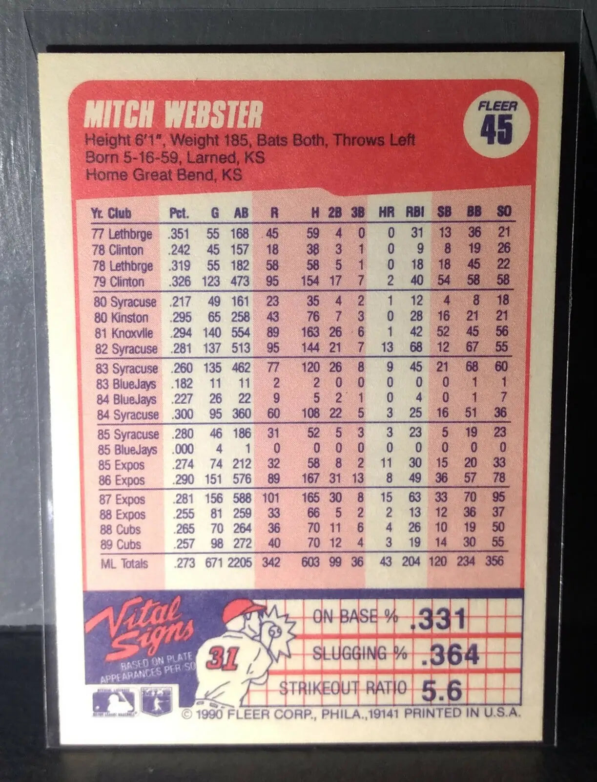 1990 Mitch Webster Fleer Baseball Card #45
