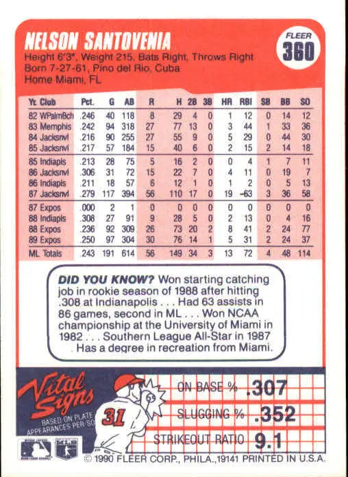 1990 Nelson Santovenia Fleer Baseball Card #360
