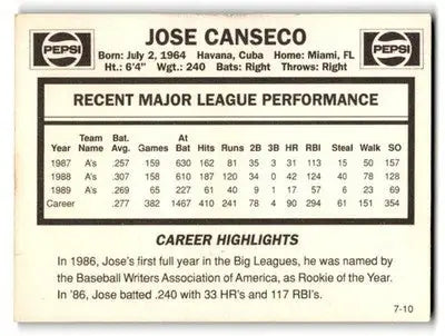 1990 Pepsi Jose Canseco #7 Jose Canseco - Baseball Card Single