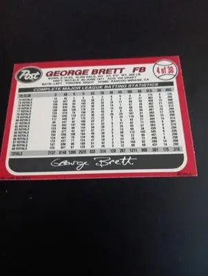 1990 Post - George Brett #4. Kansas City Royals. NRMT+ - Baseball Card Single