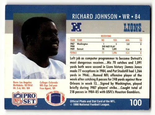 Original gloss Richard Johnson Detroit Lions football card from 1990 Pro Set
