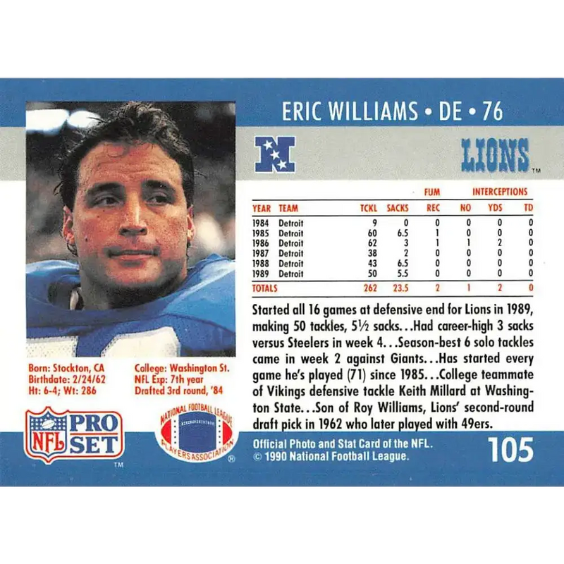1990 Pro Set #105 Eric Williams NM-MT RC Rookie Detroit Lions Football Card - Football Card Single