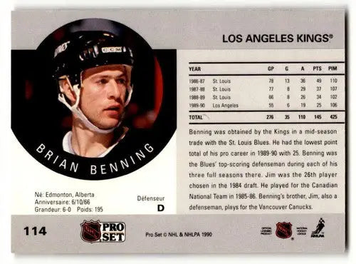 1990 Pro Set #114 Brian Benning Los Angeles Kings Hockey Cards EX/NM ID:60538 - Hockey Card Single