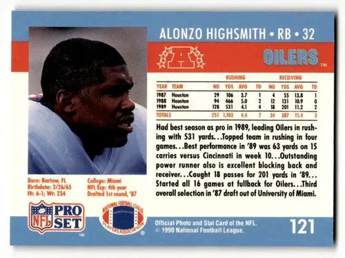 Original gloss Alonzo Highsmith Houston football card from 1990 Pro Set featuring Highsmith Houston Oilers