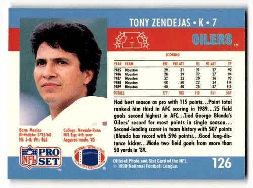 Original gloss Tony Zendejas Houston football card from 1990 Pro Set, Zendejas Houston Oilers
