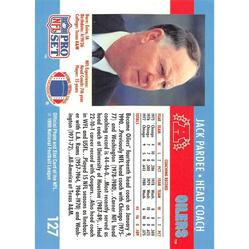 1990 Pro Set #127 Jack Pardee NM-MT Houston Oilers Football Card - Football Card Single