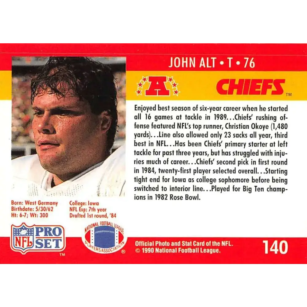1990 Pro Set #140 John Alt NM-MT RC Rookie Kansas City Chiefs Football Card - Football Card Single