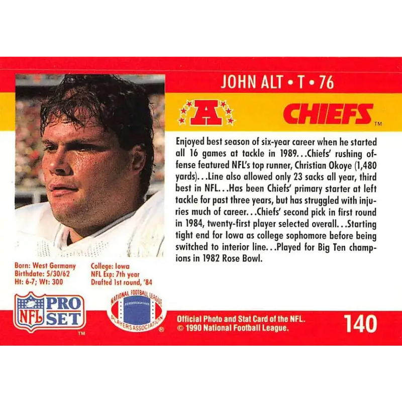 1990 Pro Set #140 John Alt NM-MT RC Rookie Kansas City Chiefs Football Card - Football Card Single