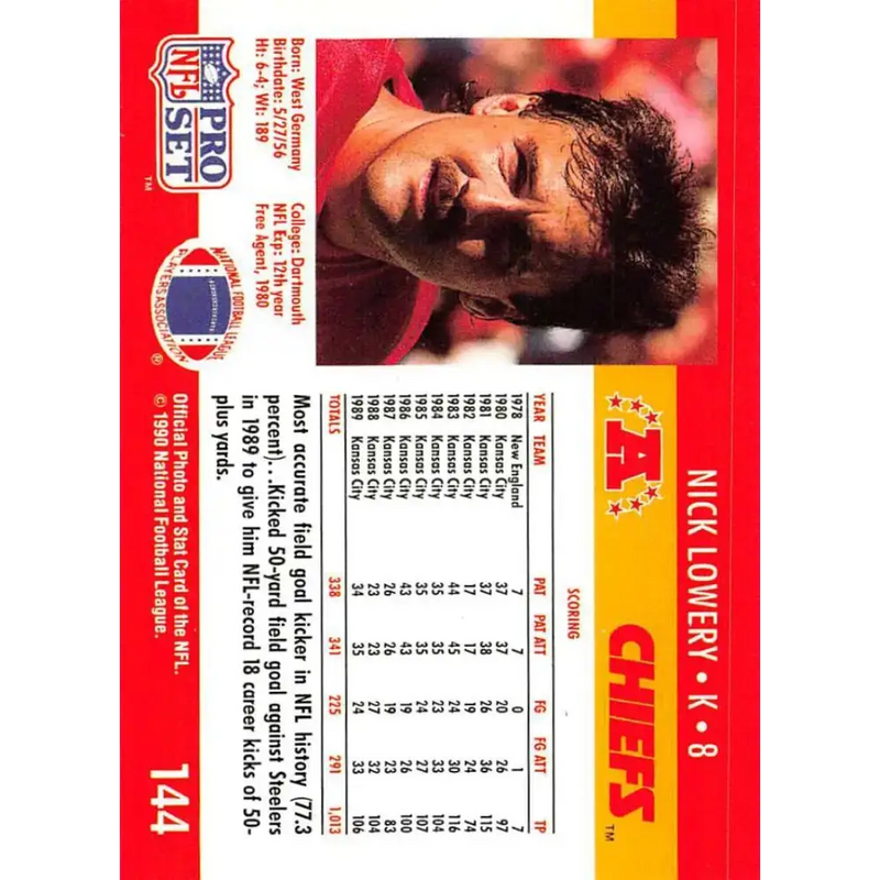 1990 Pro Set #144 Nick Lowery NM-MT Kansas City Chiefs Football Card - Football Card Single