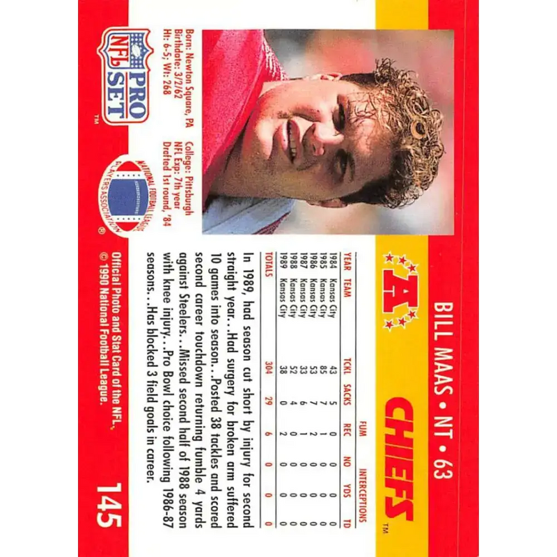 1990 Pro Set #145 Bill Maas NM-MT Kansas City Chiefs Football Card - Football Card Single