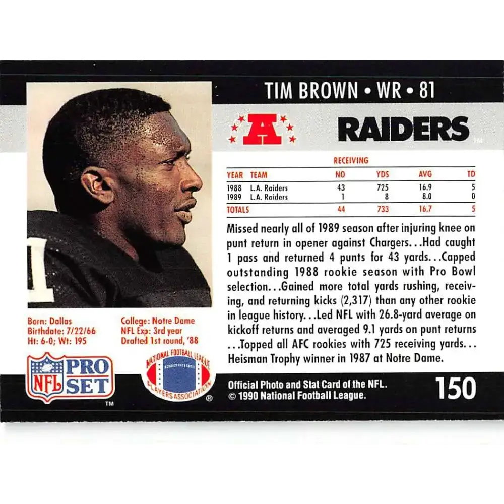 1990 Pro Set #150 Tim Brown NM-MT Los Angeles Raiders Football Card - Football Card Single
