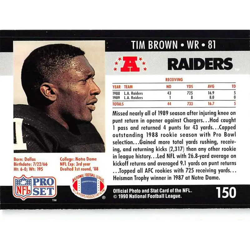1990 Pro Set #150 Tim Brown NM-MT Los Angeles Raiders Football Card - Football Card Single