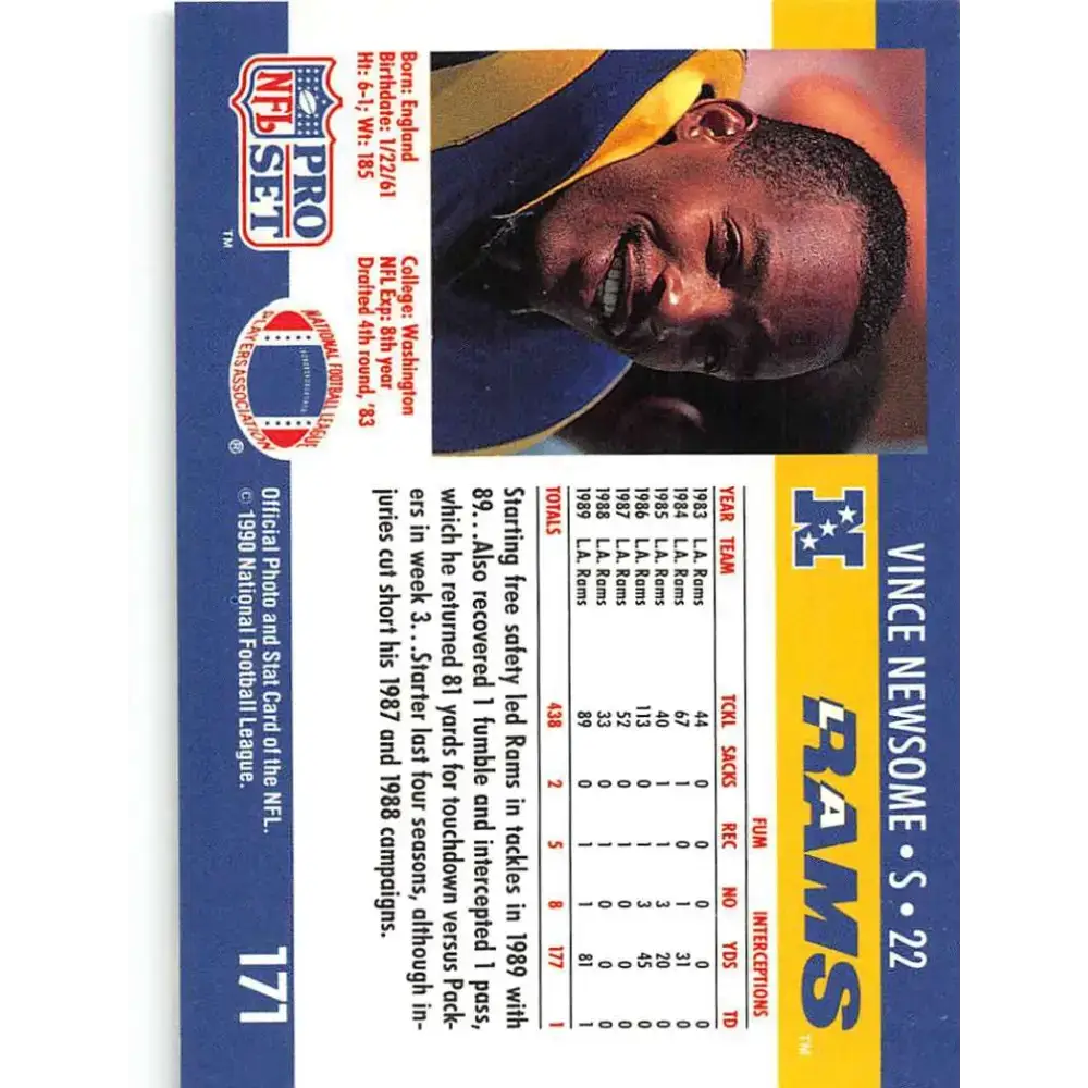 1990 Pro Set #171 Vince Newsome NM-MT RC Rookie Los Angeles Rams Football Card - Football Card Single
