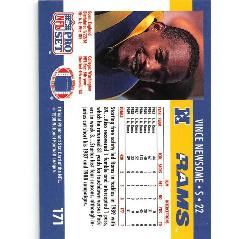 1990 Pro Set #171 Vince Newsome NM-MT RC Rookie Los Angeles Rams Football Card - Football Card Single